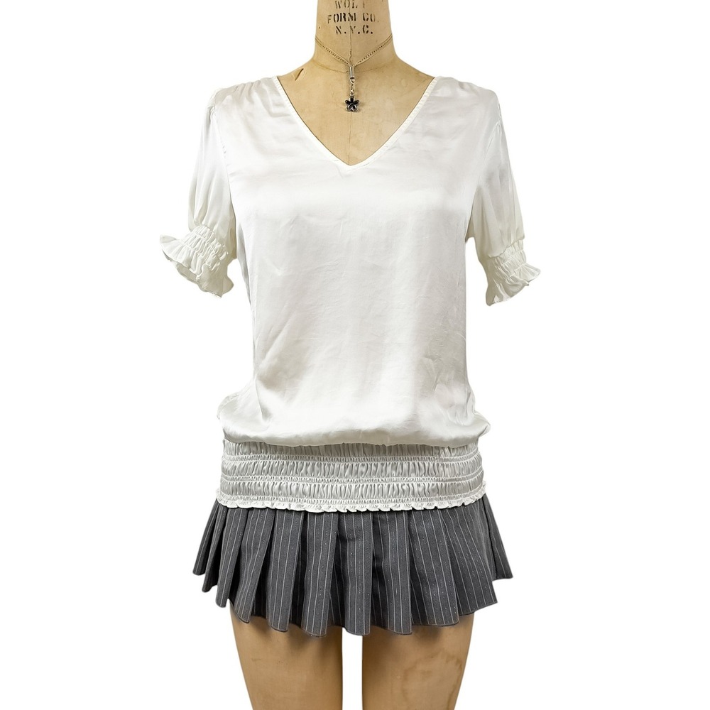 Coquette Vince Camuto Cream Satin Smocked Blouse Ruffle Puff Sleeve Romantic S‎